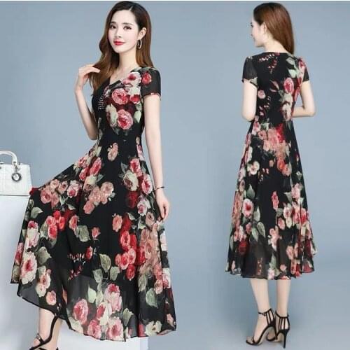 Plus Size Summer Chiffon Floral Short Sleeve V-neck Long A-line Elegant Women Dresses Vestidos Ropa Mujer Robe Femme 5xl