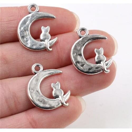 23x18mm 15pcs Antique Silver Plated Moon Cat Handmade Charms Pendant:DIY for bracelet necklace-Q5-35