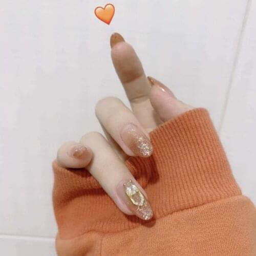 24pcs Gradient Orange Heterotype White Diamond Fake Nails Full cover Fake Nails Glue DIY Manicure Nail Art Tools