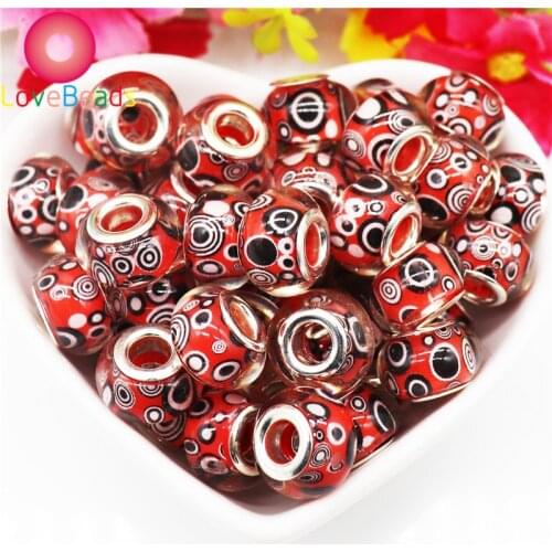 50pcs Red Color Black Round Eye Large Hole Murano Resin Spacer Bead Charms Fit DIY Bracelet Bangle European Jewelry Making Women