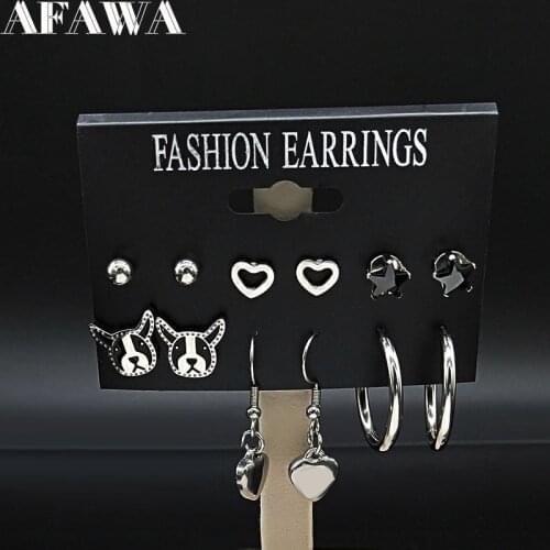 6 pair 2021 Fashion Heart Bulldog Stainless Steel Stud Earrings Set Women Silver Color Earrings Jewelry aretes de mujer E612848