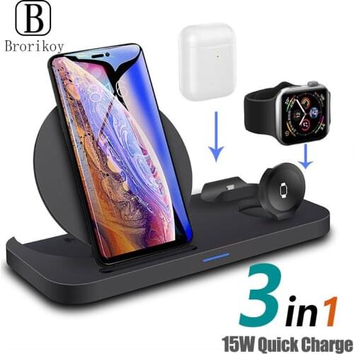 3 in 1 Wireless Charger Stand Qi 10W Fast Charging Station for Apple Watch Series 5 4 3 AirPods for iPhone XS XR 11 Pro Samsung