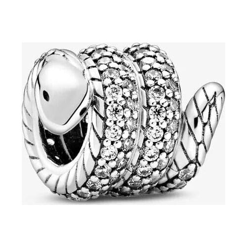 100% Real 925 Sterling Silver Sparkling Wrapped Snake Animal Charm Beads for Jewelry Making Fits Pandora Bracelet 2020 New