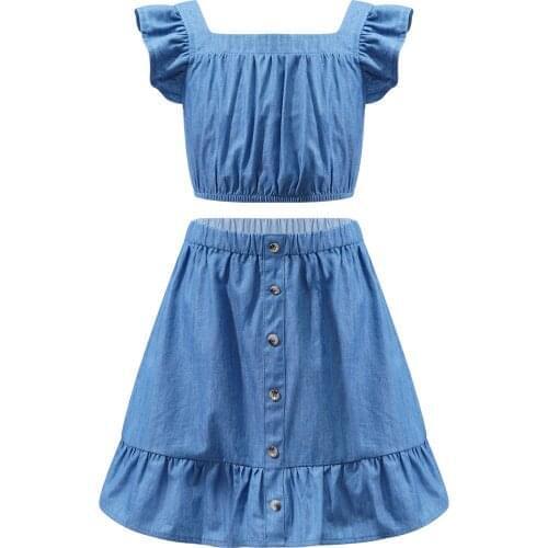 Summer Girls Clothes Sets Korean Denim Ruffle Sleeveless Square Collar T-Shirt+High Waist Skirt 2PCS Kids Suit Children Clothing