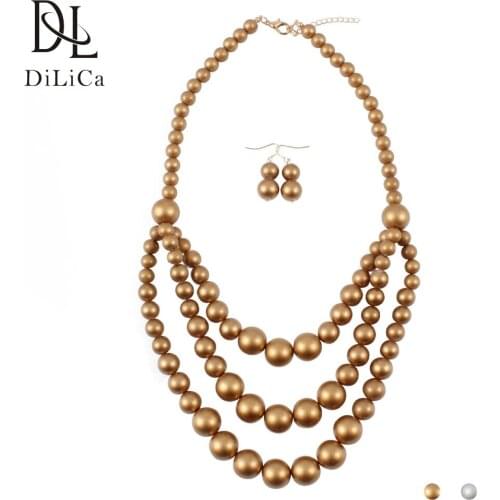 DiLiCa Fashion Womens Jewelry Sets Multi-layer Imitation Pearl Statement Necklace Earrings Costume Jewelry Set bijoux de perles