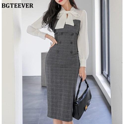 BGTEEVER Elegant Ladies Plaid Patchwork Bodycon Dress Bow Neck Double Breasted Split Female Pencil Dress Spring Vestidos 2021