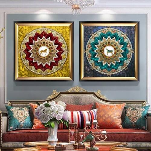 Retro golden horse deer American sofa background decorative painting high-end modern room entrance dining room mural square