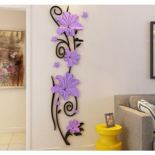 Fashion Flower vine Acrylic mirror Wall Stickers Living Room Bedroom DIY art wall decor Home Background decoration