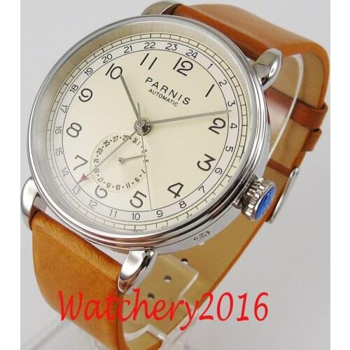 PARNIS 42mm silver case arab mark date window leather strap mens top leisure automatic mechanical watch