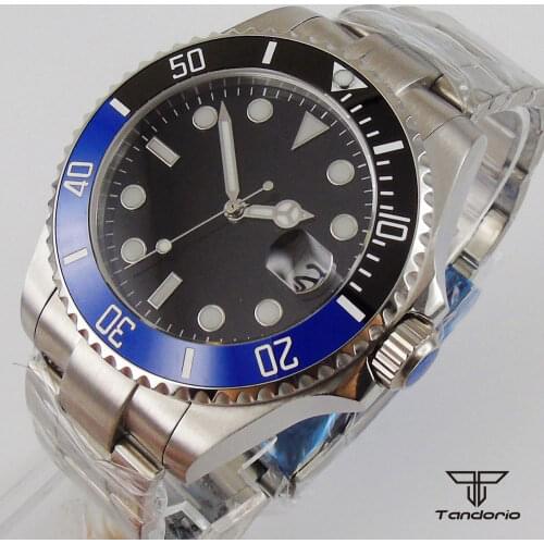 40mm tandorio Genuine NH35 MIYOTA 8215 Movement Mens Watch Black Dial Sapphire glass Date 904L Steel Bracelet