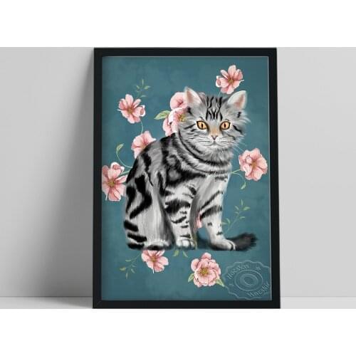 Funny Silver Tabby Cat Watercolour Prints, Retro Animal Poster, Cute Cat Flower Leaf Wall Picture, Nursery Child Room Home Decor