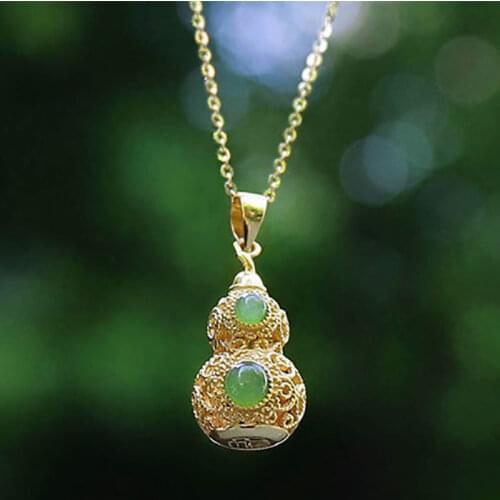 Original Sleeping Natural Hetian Jade Green Jade Hollow Calabash Pendent S925 Sterling Silver Necklace Lucky Birthday Gift