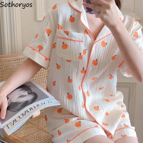 Kawaii Pajama Sets Women Printed Turn-down Collar Soft Cotton Thin Sleepwear Female Korean Style Sweet Simple Leisure Fashion