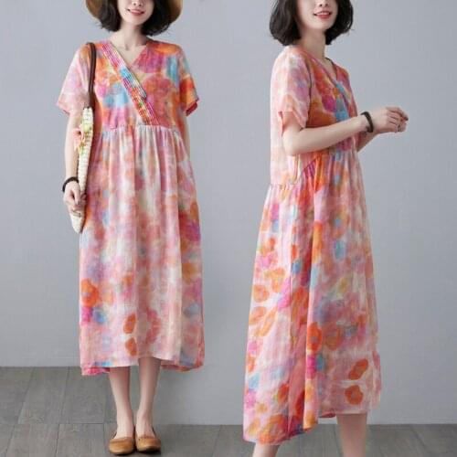 Womens Cotton Linen Oversized Maxi Dress With Pockets V-Neck Print Long Dresses Summer Fashion Bohemian Dress Loose Clothes