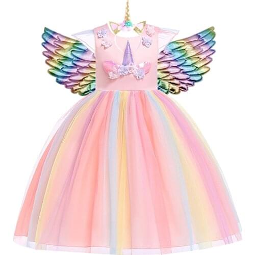 Girls Unicorn Tutu Dress Children Rainbow Princess Dress For Party Christmas Halloween Cosplay Costume With Headband Wings