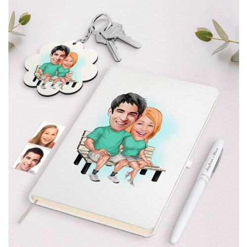Personalized Custom Sweetheart Caricature Of White Notebook pen And Keychain Gift Seti-55 Reliable Notebook Everyday Moment Quality Funny Co
