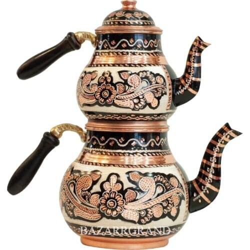 PREPARING TEA BEVERAGE WITH COPPER ENGRAVED PAINTED 3 SIZE OPTION WITH WOODEN HANDLE FREE SHİPPİNG