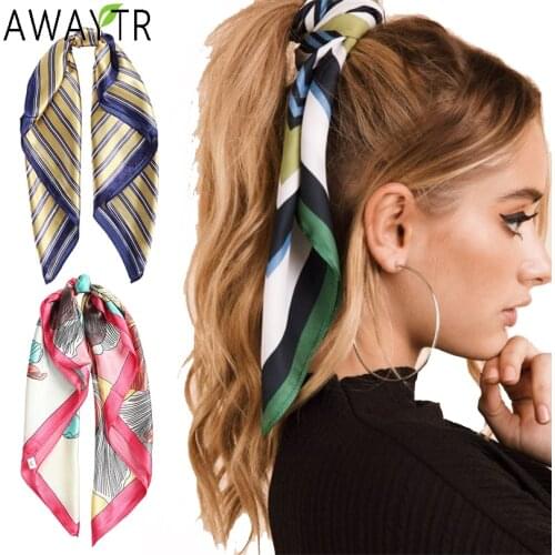 Prints Stripe Silk Hair Scarf Scrunchies Neck Bow Knot Ponytail Holder Hair Bands Tie Ribbon Headbands Ponytail Hair Accessories