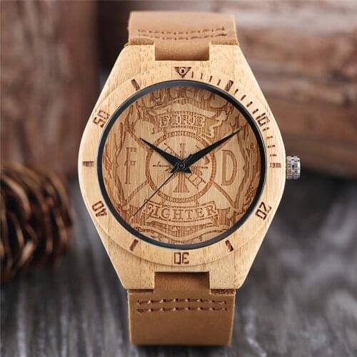 Luxury Handicrafts Gifts Engraving Firefighter Dial Light Bamboo Quartz Wooden Watch Mens Sports Genuine Leather Male Hour Clock