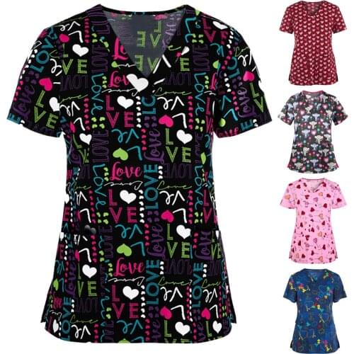 Valentines Day Plus Size Shirt Women Nurse Fashion Short Sleeve Neck Tops Working Uniform Blouse Shirt Блузка С Кружевом