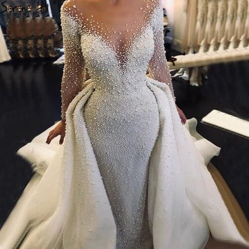 Serene Hill Luxury Ivory Detachable Train Mermaid Wedding Dresses Gowns 2021 Pearls Beading Bride Dress HM67182 Custom Made