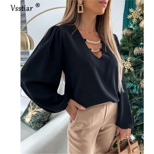 Fashion Chain Women Blouse Black White Sexy V Neck Ladies Tops New Casual Lantern Sleeve Shirts Plus Size Clothes