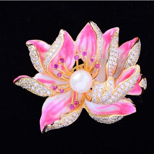 Beautiful Peony Flowers Pink Enamel Pin Vintage Pearl Saree Brooches for Women Scarf Dress Jewelry Christmas Brooch femme broche