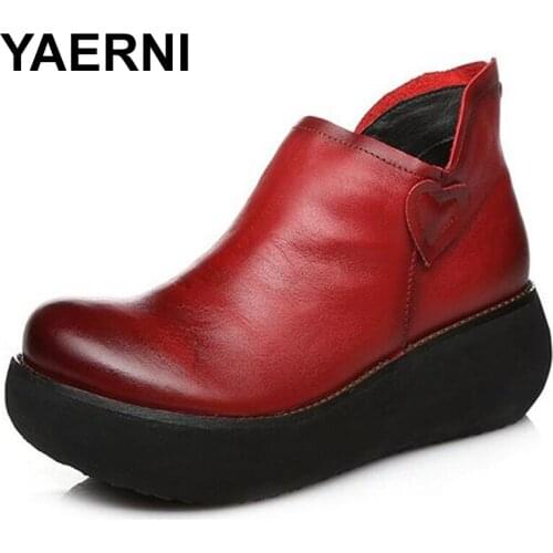 YAERNI Elegant Comfortable Real Leather Shoes Casual High Heels Newest Autumn Winter ankle boots Wedges Shoes Woman Fashion E543