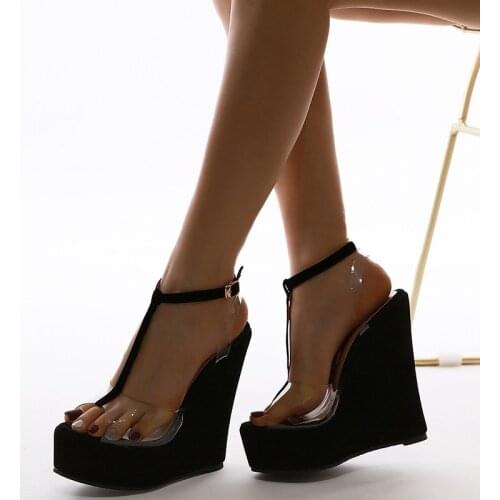 Womens Super High Heel Sandals Fish Mouth Transparent Black T-strap Wedge Sandals Outdoor Waterproof Platform Womens Shoes