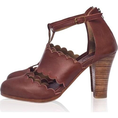 Womens high-heeled sandals thick heel buckle round head womens shoes