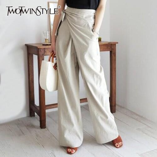 TWOTWINSTYLE Lace Up Bow Irregular Trousers For Women High Waist Casual Loose Autumn Wide Leg Pants Female Fashion Clothing 2020