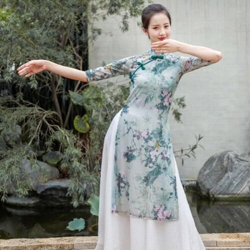 New Blue Hanfu For Women Adult Chinese Classical Dance Performance Cheongsam Oriental Dance Stretch Mesh Dance Costumes DQL5091