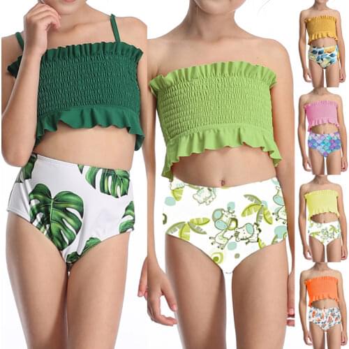 Girl Swimsuit Pleated Solid Color Tube Top Bikini Children Beach Swimwear Swimsuit print tube top swimsuit