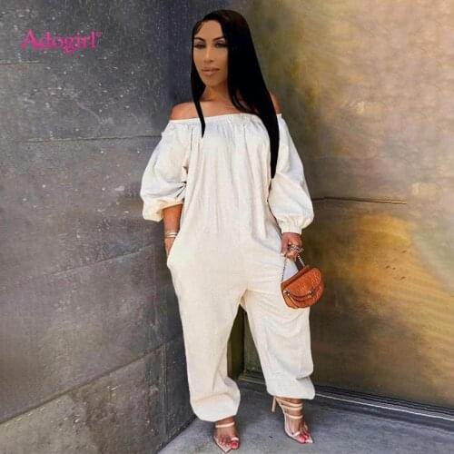 Adogirl Women Solid Loose Casual Jumpsuit Off Shoulder Lantern Sleeve Casual Romper Fashion Streetwear Overalls Plus Size S-4XL