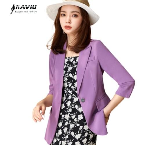 Purple Blazer Women Summer New Thin Fashion Temperament Casusl Slim Half Sleeve Jacket Office Ladies Formal Work Coat