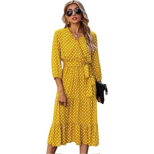 Dress Women 2021 New Spring Summer Casual Slim A-Line Dress Sexy V-Neck Polka Dot Print Long Boho Dress Vintage Party Vestidos