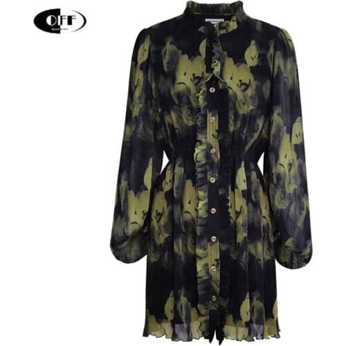 Designer Runway Camouflage Mini Dress Autumn Elegant Ruffles Lantern Long Sleeve Drape Aesthetic Bow Women Dresses Vestidos Robe