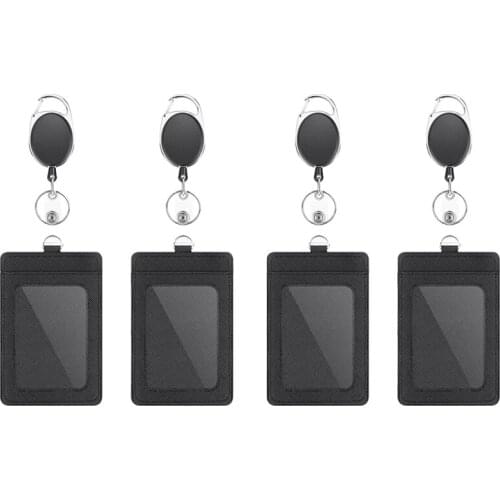 2 x Badge Holders and Heavy Duty Retractable Reel Clips Set,Vertical PU Leather Badge Holders Clear ID Window Card Slots