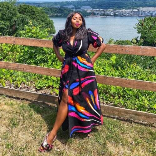 3XL Plus Size 2021 Women Half Sleeve V-neck Digital Print Sexy Spilt Casual Slim Waist Long Dress Mujer Vestidos