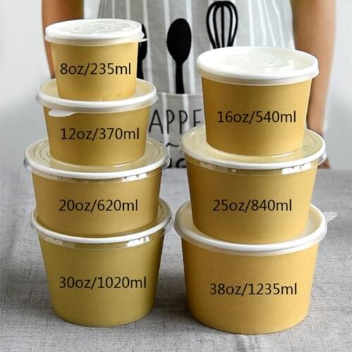 50pcs High quality kraft paper disposable soup cup 8oz/12oz/16oz round dessert ice cream yogurt takeaway paper cup with covers