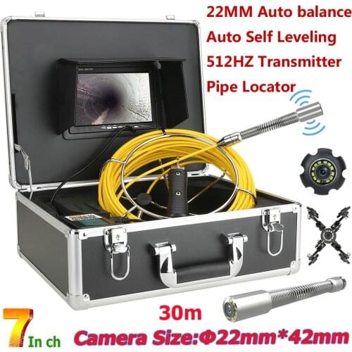 7" Monitor Sewer Pipe Inspection Video Camera with Auto Self Leveling 512HZ Pipe Locato 22MM IP68 HD 1000TVL Camera 12PCS LED