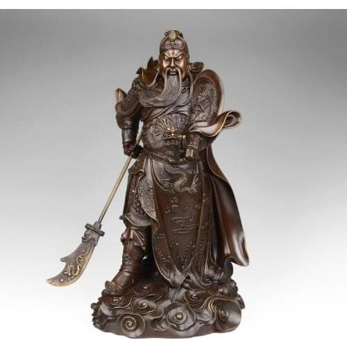 Free shipping China Pure Red Copper 2 Finger Guan Gong Guan Yu Buddha Hold Dragon Sword Statue