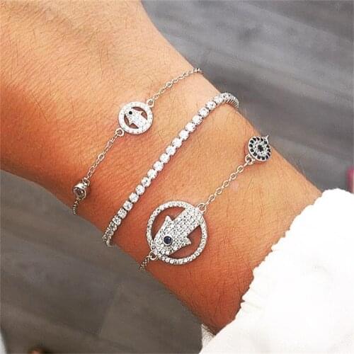 925 Sterling Silver Charm Fatima Hand Hamsa Chain Bracelet Gold Rose Gold Silver Color Women Friendship Wedding Jewelry Delicate