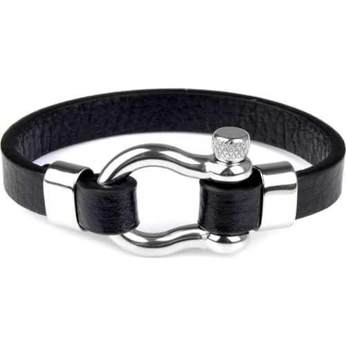 Vintage Black Genuine Leather Bracelet Black Sliver Color Horseshoe Buckle Stainless Steel Bracelet For Man Gift