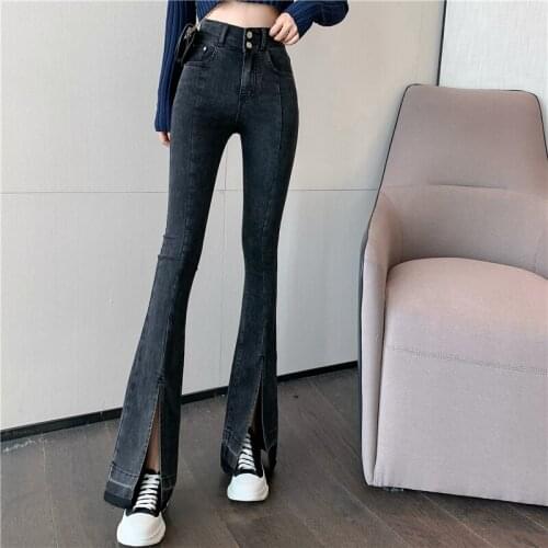 Spot Chinese autumn new womens pants casual joker split high waist tight stretch horn jeans