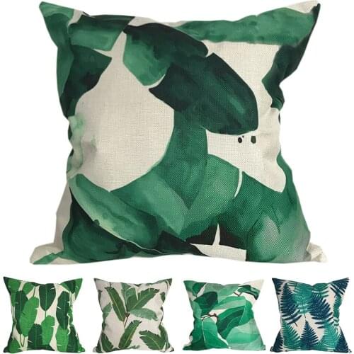CURCYA Tropical Plants Green Leaf Leaves Cushion Covers Home Decorative Beige Linen Throw Pillow Covers Cases