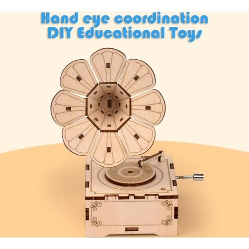 DIY Wooden Puzzle Phonograph Gramophone Toys Kids Hand Shake Assembly Toy Gifts Creative Classic Home Decors