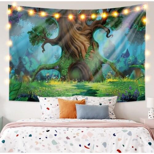 Natural Landscape Tapestry Cartoon Fairy Tale Forest Old Tree Fashion Wall Hanging Bedroom Dorm Art Decoration Picnic Beach Mat