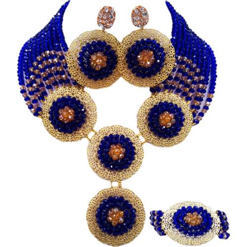 Royal Blue and Champagne Gold AB Nigerian Jewelry Set African Wedding Beads Crystal Necklace Bracelet Earrings 10PH09