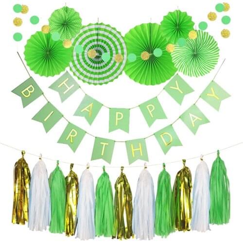 Hot Sale Happy Birthday Green Set Hanging Paper Fan For Wedding Baby Shower Party Decoration Happy Birthday Garland Gold Tassel